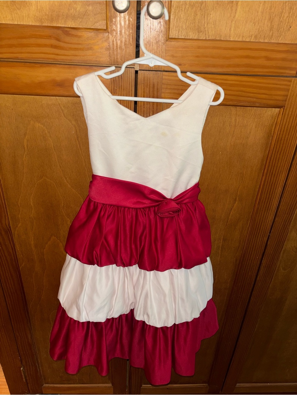 Girls' White and Red Satin Tiered Formal Dress
